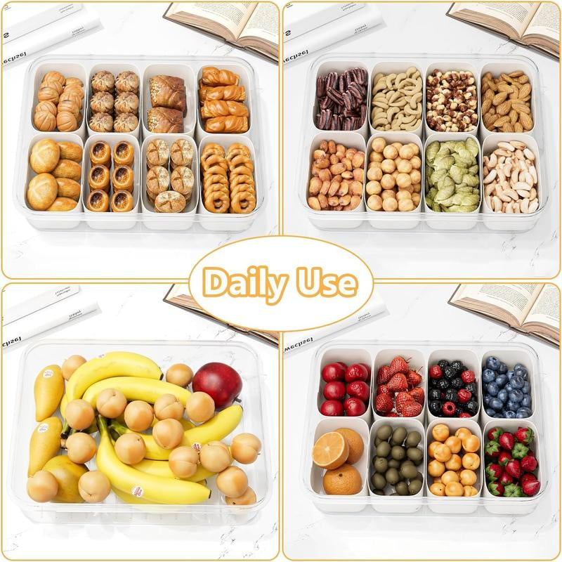 Snackle Box Container: Divided Serving Tray with Lid and Handle, Includes 8 Compartments for Dry Fruit Snack Box, Fruit Tray Great for Travel, Party