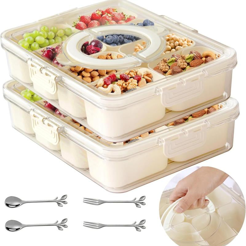 Snackle Box Container: Divided Serving Tray with Lid and Handle, Includes 8 Compartments for Dry Fruit Snack Box, Fruit Tray Great for Travel, Party