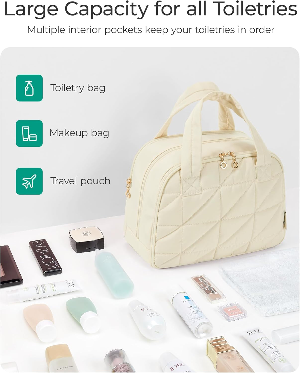  Large Wide-Open Travel Bag for Toiletries, Puffy Makeup Cosmetic 