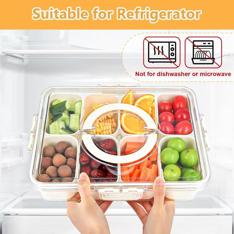 Snackle Box Container: Divided Serving Tray with Lid and Handle, Includes 8 Compartments for Dry Fruit Snack Box, Fruit Tray Great for Travel, Party