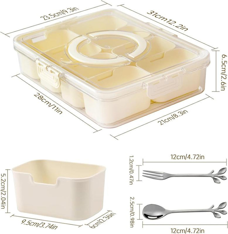 Snackle Box Container: Divided Serving Tray with Lid and Handle, Includes 8 Compartments for Dry Fruit Snack Box, Fruit Tray Great for Travel, Party