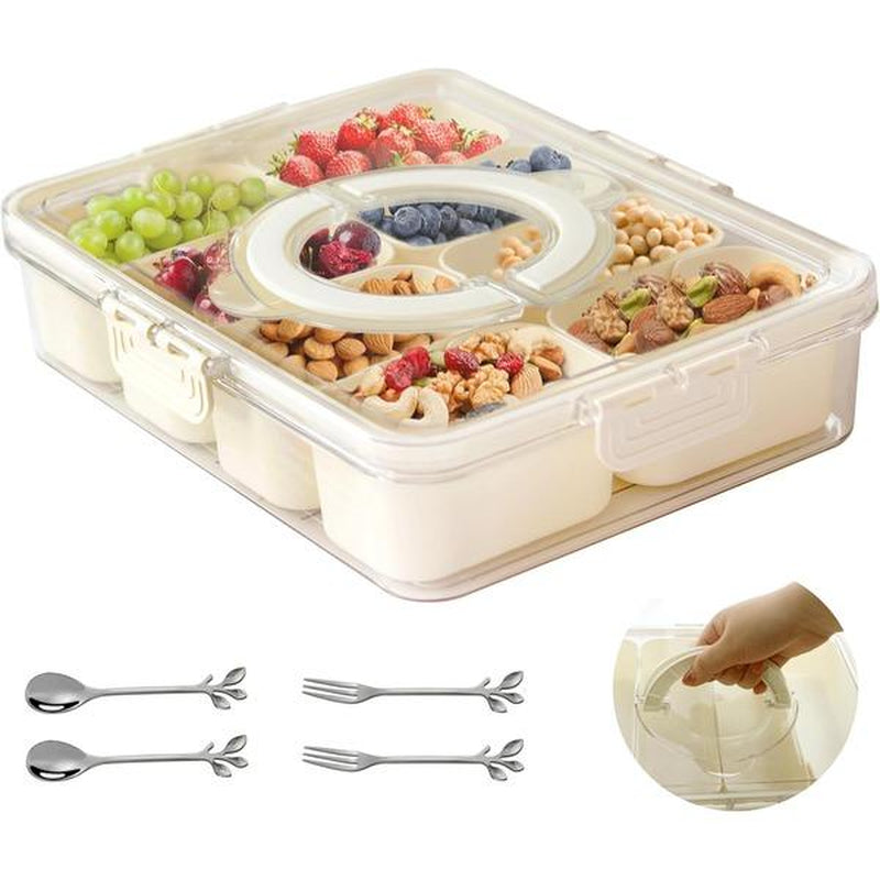 Snackle Box Container: Divided Serving Tray with Lid and Handle, Includes 8 Compartments for Dry Fruit Snack Box, Fruit Tray Great for Travel, Party